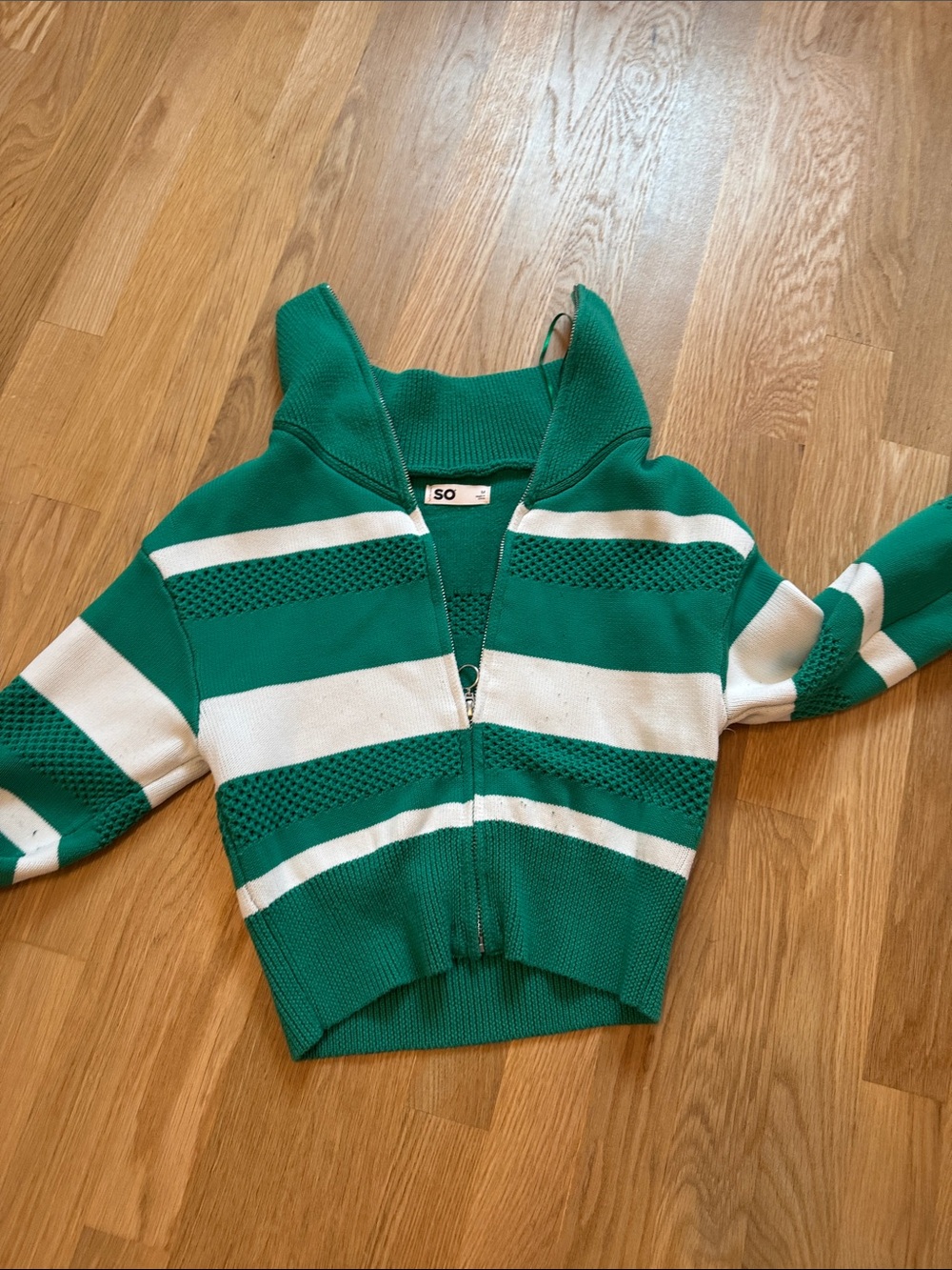 SO Green and White Striped Knit Zip Cardigan